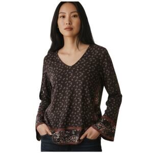 LUCKY BRAND BLACK, BURGUNDY, & WHITE FLORAL BOHO-INSPIRED TUNIC TOP SZ.S EUC.